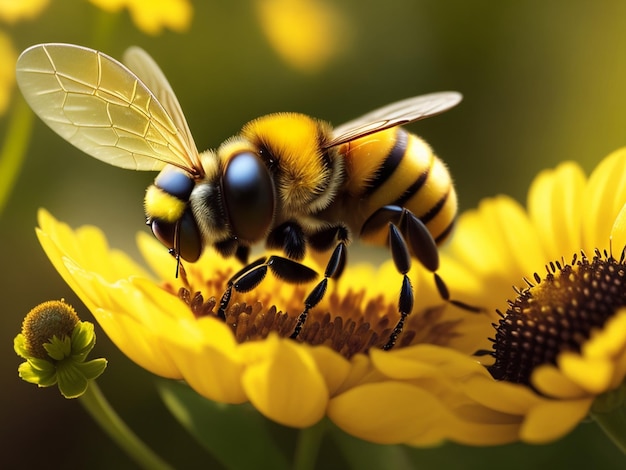 Photo gratuite gros plan d'un miel jaune Une abeille pelucheuse mignonne micro photo générative ai