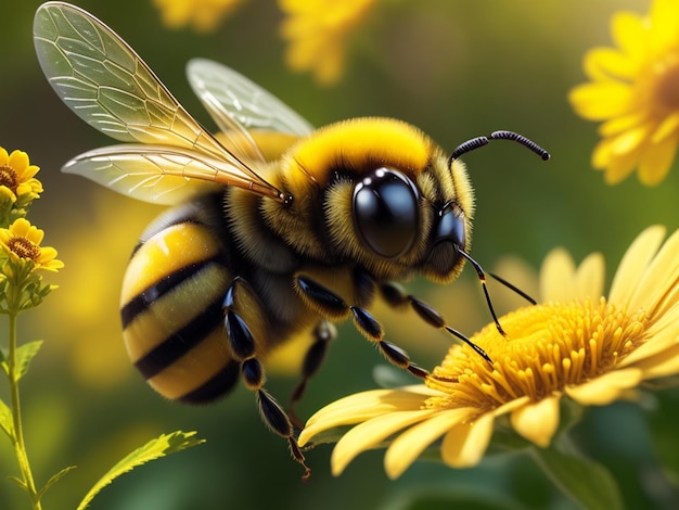 Photo gratuite gros plan d'un miel jaune Une abeille pelucheuse mignonne micro photo générative ai