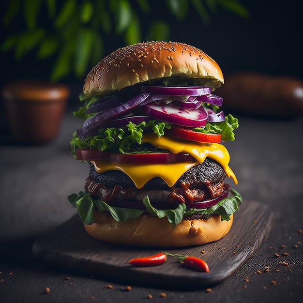Photo gratuite Gros Sandwich Hamburger Burger Avec Bœuf Tomate Oignon Rouge Et Bacon Frit