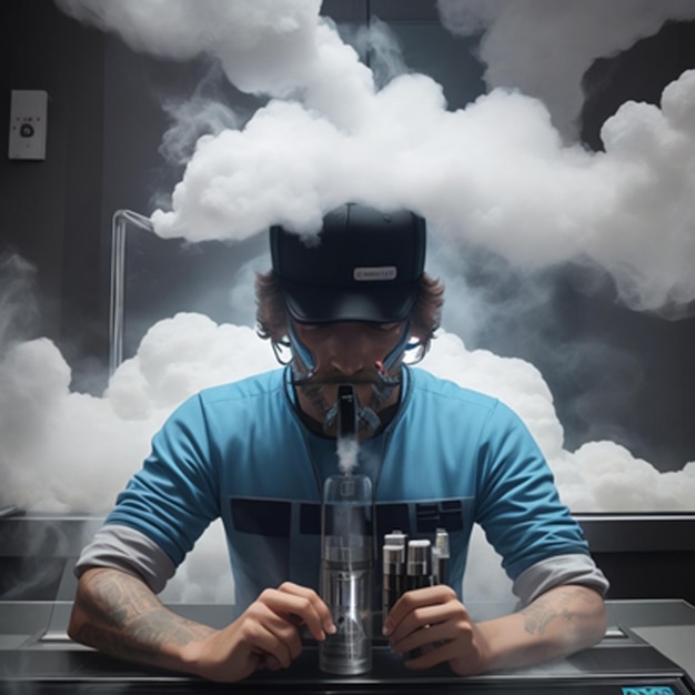 Photo une photo gratuite d'un homme qui vape dans un nuage de vapeur est prise dans un bar de vapeurs.