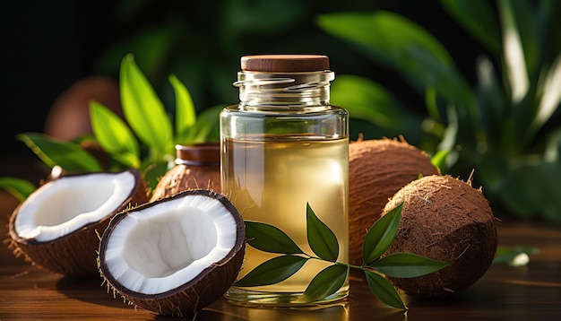 Photo photo gratuite d'huile de noix de coco dans une bouteille avec des noix de coco et une feuille de palmier verte tournée sur fond marron