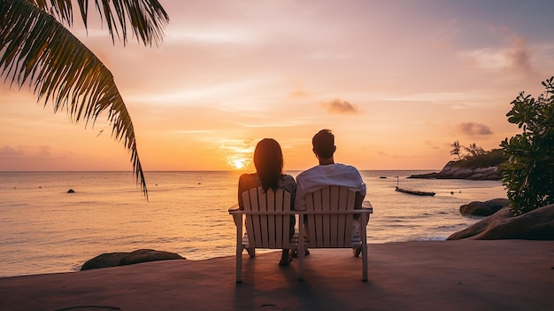 Photo gratuite jeune couple asiatique regardant le coucher du soleil près