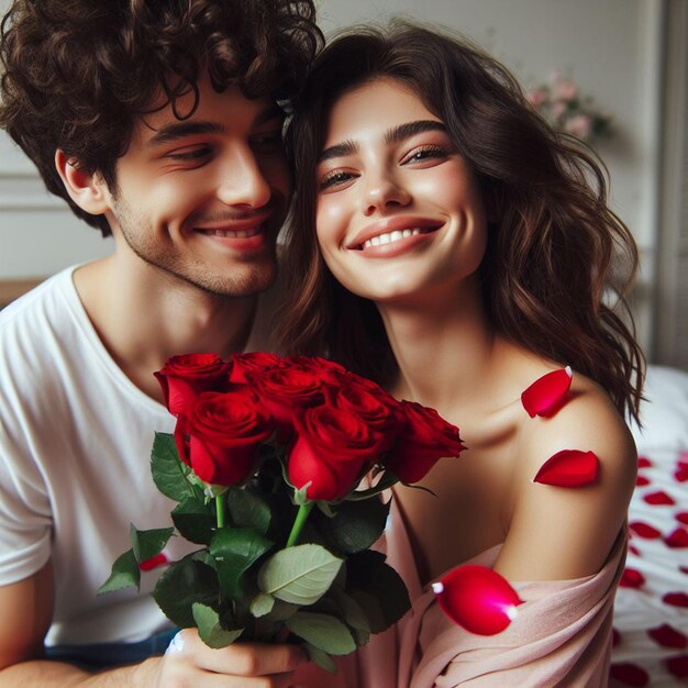 Photo photo gratuite un jeune homme donne une rose rouge à une femme sur le lit arrière-plan