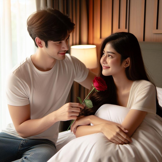 Photo photo gratuite un jeune homme donne une rose rouge à une femme sur le lit arrière-plan