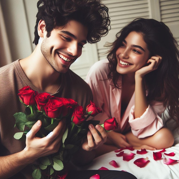 Photo photo gratuite un jeune homme donne une rose rouge à une femme sur le lit arrière-plan