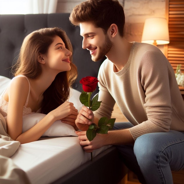 Photo photo gratuite un jeune homme donne une rose rouge à une femme sur le lit arrière-plan