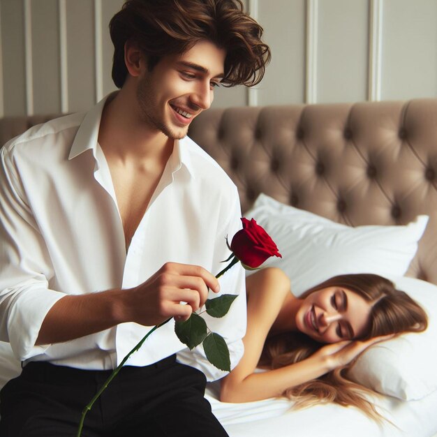 Photo photo gratuite un jeune homme donne une rose rouge à une femme sur le lit arrière-plan