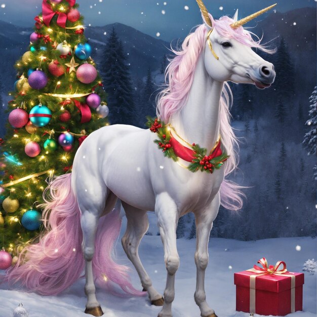 Une photo gratuite d'une licorne dans le contexte de Noël