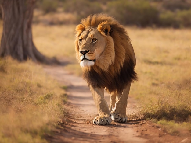 Photo photo gratuite d'un lion mâle solitaire qui se prépare à attaquer sa proie