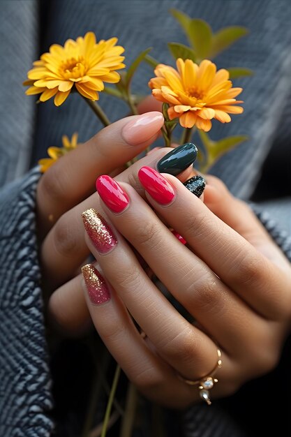 Photo une photo gratuite d'un magnifique art des ongles avec des fleurs