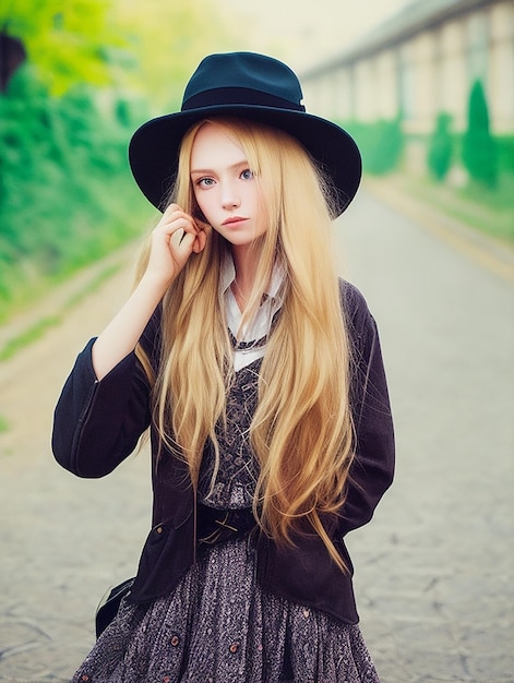Photo gratuite mode plein air portrait positif de fille hipster élégante cheveux longs blonds chapeau vintage