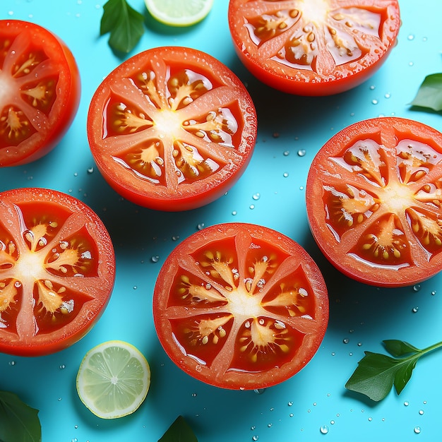 Photo gratuite un motif de tranches de tomate sur fond turquoise