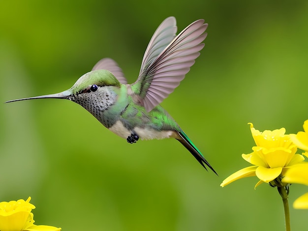 Photo gratuite oiseau colibri vert et gris volant au-dessus des fleurs jaunes