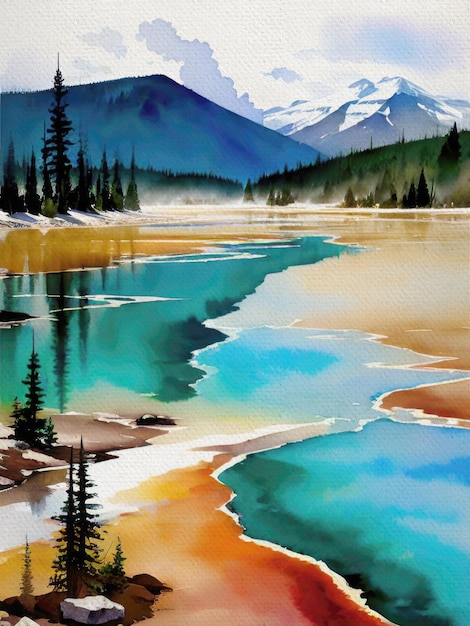 Photo gratuite de peinture à l'aquarelle du parc national de Yellowstone