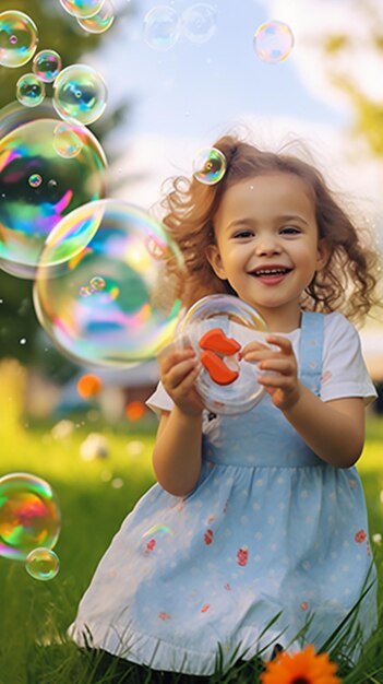 Photo gratuite petite fille garçon enfants père et enfant soufflant et jouant avec des bulles de savon