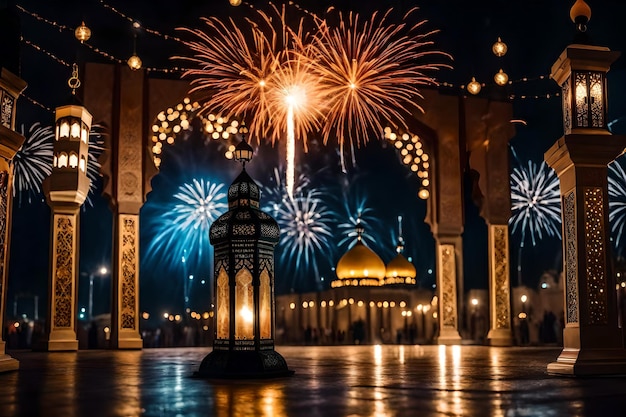 photo gratuite photo gratuite ramadan kareem eid mubarak lampe royale élégante avec mosquée porte sainte avec feu