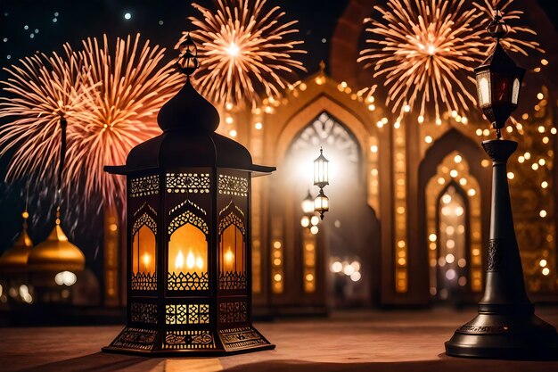 photo gratuite photo gratuite ramadan kareem eid mubarak lampe royale élégante avec mosquée porte sainte avec feu