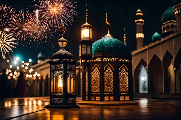 photo gratuite photo gratuite ramadan kareem eid mubarak lampe royale élégante avec mosquée porte sainte avec feu