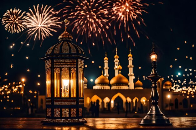 photo gratuite photo gratuite ramadan kareem eid mubarak lampe royale élégante avec mosquée porte sainte avec feu