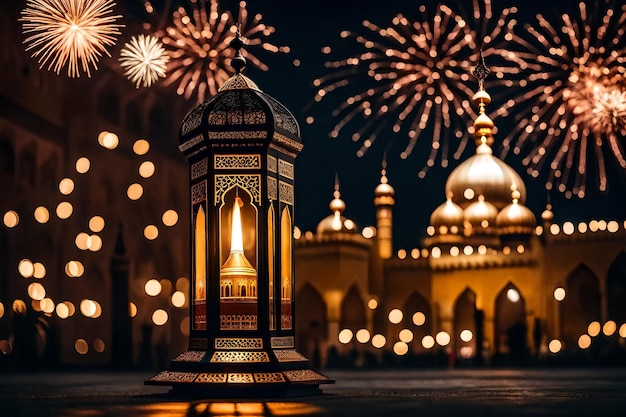 photo gratuite photo gratuite ramadan kareem eid mubarak lampe royale élégante avec mosquée porte sainte avec feu