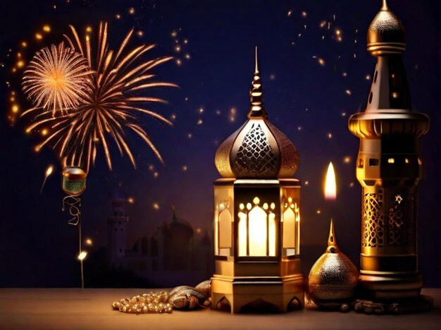 Photo gratuite photo gratuite Ramadan Kareem Eid Mubarak lampe royale élégante avec porte sainte de la mosquée avec des feux d'artifice