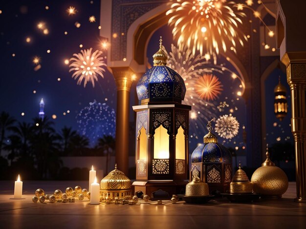 Photo gratuite photo gratuite Ramadan Kareem Eid Mubarak lampe royale élégante avec porte sainte de la mosquée avec des feux d'artifice