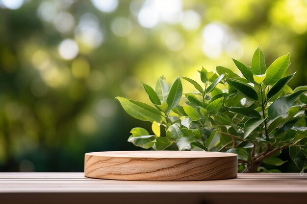 Photo gratuite d'un podium d'exposition de produits en bois avec des feuilles de nature floues en arrière-plan