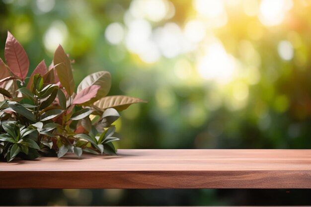 Photo gratuite d'un podium d'exposition de produits en bois avec des feuilles de nature floues en arrière-plan