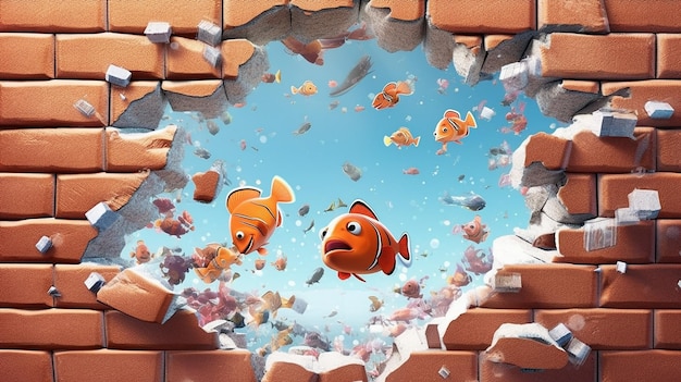 une photo gratuite de poisson rendu 3d sur le mur