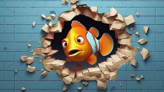 Photo une photo gratuite de poisson rendu 3d sur le mur