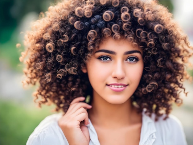 Photo gratuite portrait de jeune fille adulte aux cheveux bruns bouclés