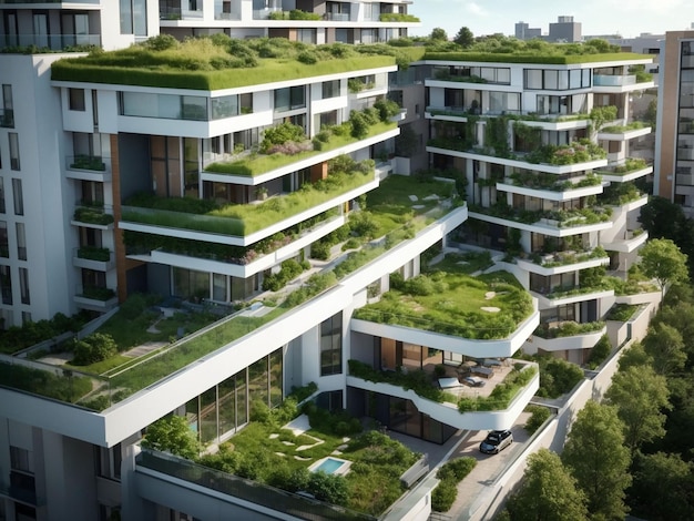 Photo gratuite quartier résidentiel moderne avec toit vert et balcon générées par ai