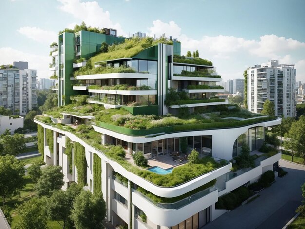 Photo gratuite quartier résidentiel moderne avec toit vert et balcon générées par ai