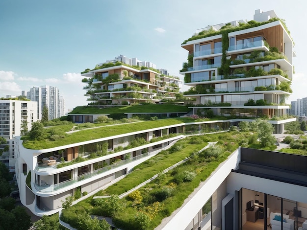 Photo gratuite quartier résidentiel moderne avec toit vert et balcon générées par ai