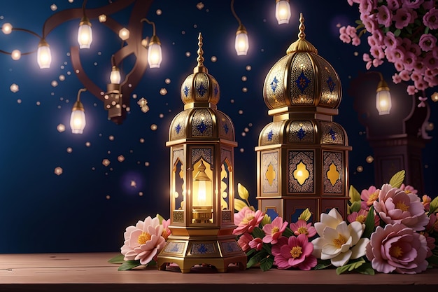 photo gratuite ramadan kareem eid mubarak lampe royale élégante avec mosquée porte sainte avec feux d'artifice