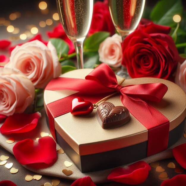 Photo gratuite de la Saint-Valentin à l'intérieur du couple assis avec des fleurs et du chocolat en arrière-plan