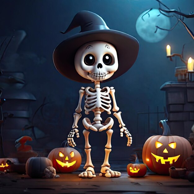 Photo gratuite Squelette mignon illustration 3D illustration sur le thème des fantômes d'Halloween