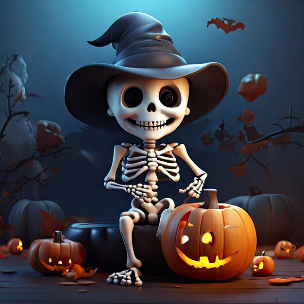 Photo gratuite Squelette mignon illustration 3D illustration sur le thème des fantômes d'Halloween