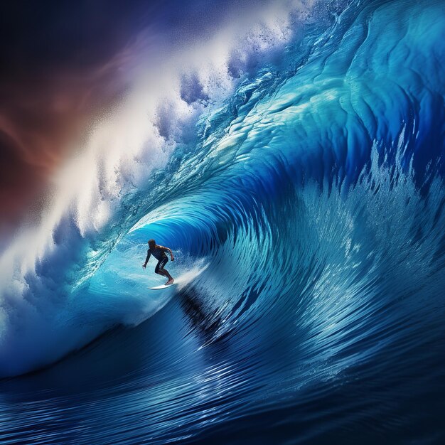 Une photo gratuite d'un surfeur sur une grande vague bleue de l'océan Ai générative