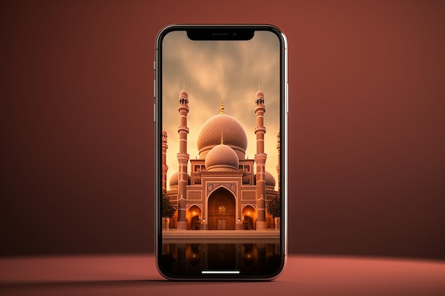 Photo gratuite téléphone ramadan 14 avec façade de mosquée