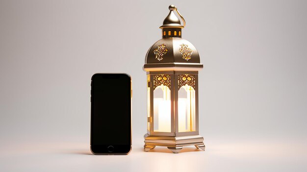 Photo gratuite téléphone ramadan 14 avec lanterne sur fond blanc