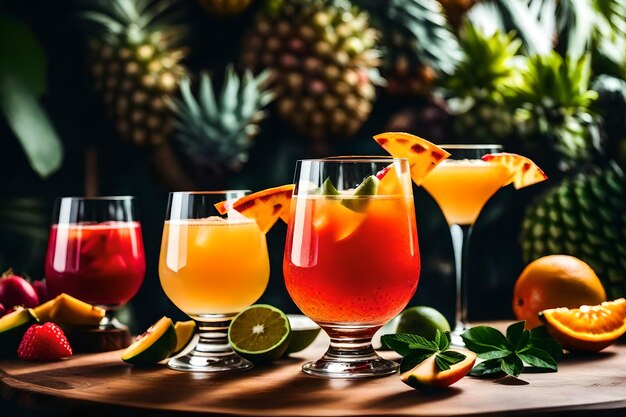 Photo photo gratuite trois verres de cocktails de fruits tropicaux