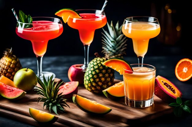 Photo gratuite trois verres de cocktails de fruits tropicaux