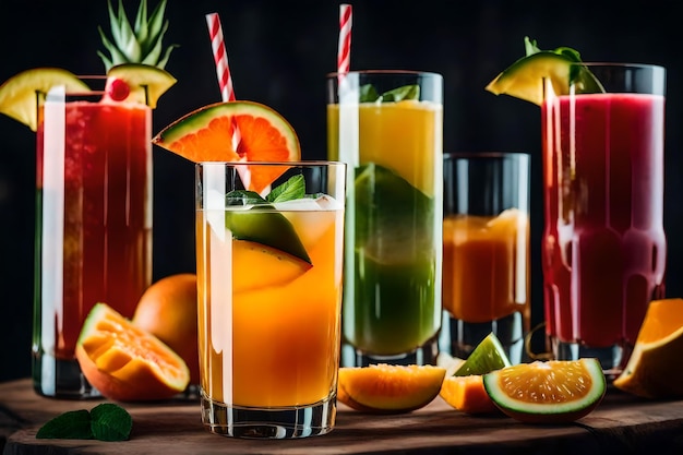 Photo photo gratuite trois verres de cocktails de fruits tropicaux