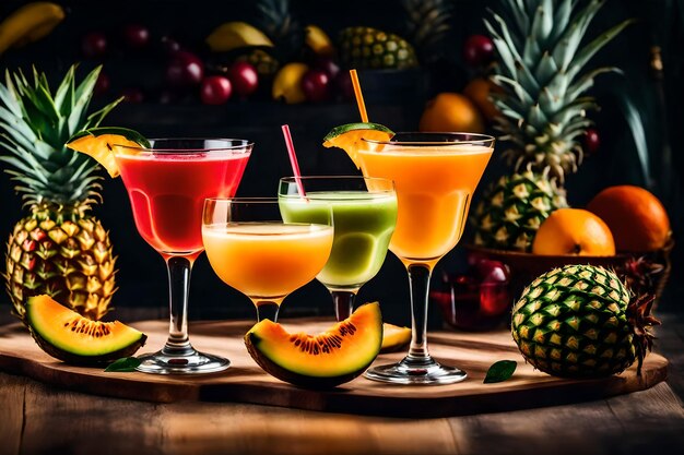 Photo photo gratuite trois verres de cocktails de fruits tropicaux