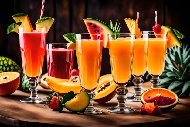 Photo photo gratuite trois verres de cocktails de fruits tropicaux
