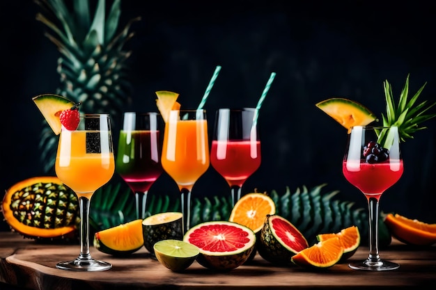 Photo photo gratuite trois verres de cocktails de fruits tropicaux