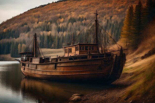 Photo gratuite vieux bateau de pêche rouillé sur la pente le long de la rive du lac