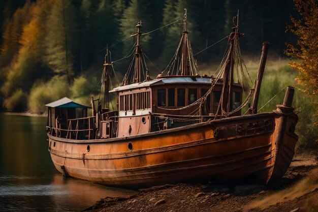 Photo gratuite vieux bateau de pêche rouillé sur la pente le long de la rive du lac