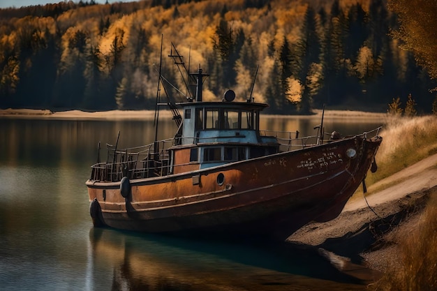 Photo gratuite vieux bateau de pêche rouillé sur la pente le long de la rive du lac